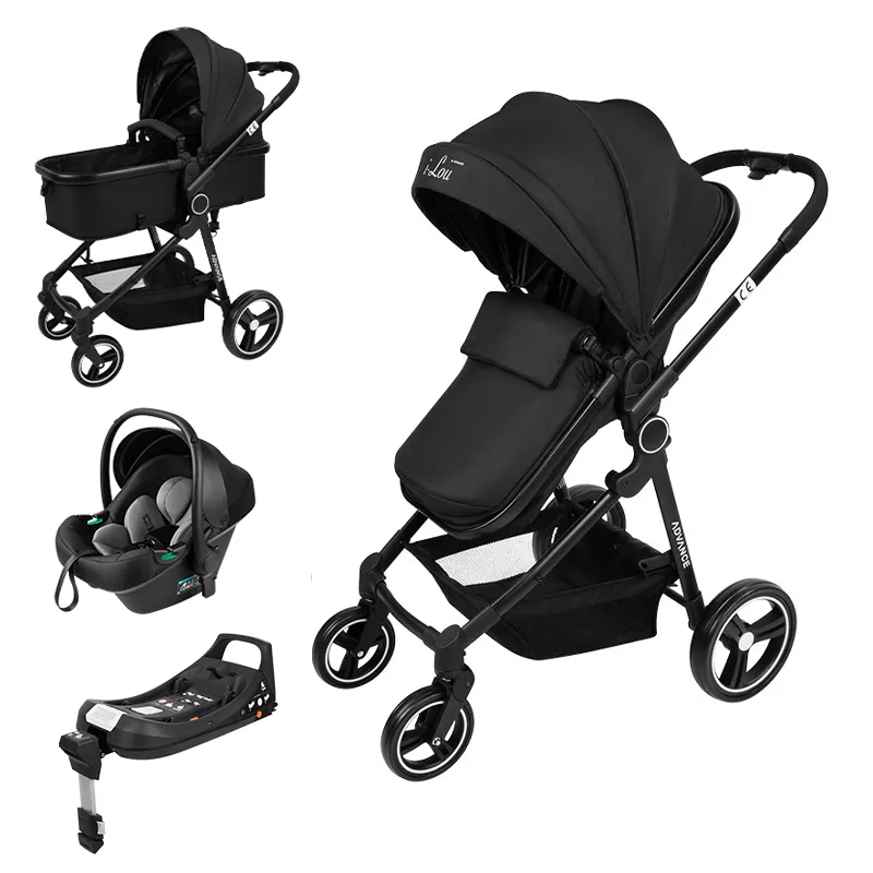 Poussette 5en1 - Coque I-Size + embase I-Lou Noir - 0m+ Protection pluie universelle offerte