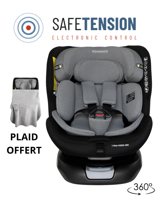 Siège-Auto ADVANCE i-Size Hero 360° 40-150cm — Innovation SafeTension (Alerte Sonore + LED) — Rotation 360° EasyTurn — ISOFIX + Top Tether — 0 à 12 ans — Gris/Noir